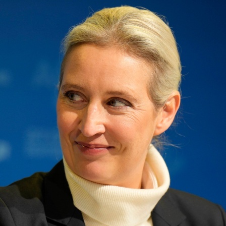 Alice Weidel lächelt vor blauen Hintergrund 