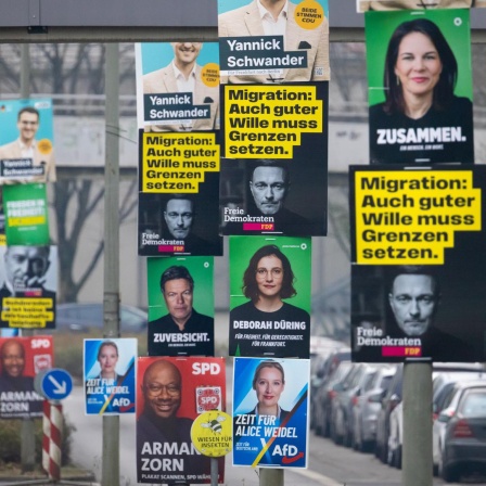 Wahlplakate der etablierten Parteien CDU, AfD, Bündnis 90/Die Grünen, SPD und FDP hängen im Frankfurter Nordwesten an mehreren Laternenmasten. Am 23. Februar 2025 findet in Deutschland die vorgezogene Bundestagswahl statt.