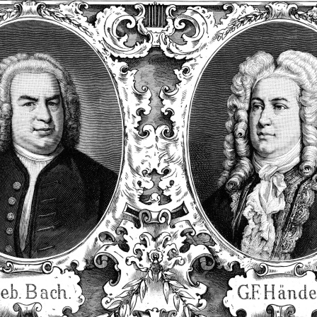 Porträts der beiden Komponisten Johann Sebastian Bach und Georg Friedrich Händel nebeneinander.