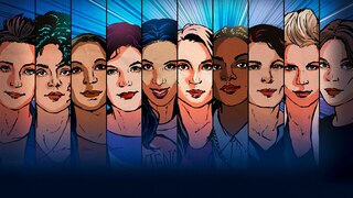 Comicartige Gesichter von zehn Frauen. Logo: SHEROES - Streiterinnen für die Zukunft