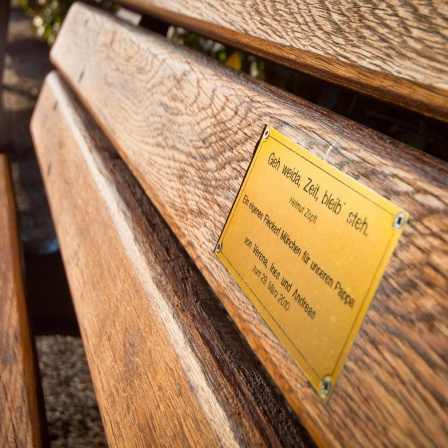 An der Lehne einer Parkbank ist ein kleines Messingschild mit einer Widmung angebracht.
