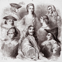 Molière, Armande Béjart (Mitte oben) und der Rest von Molières Schauspieltruppe