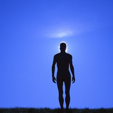 Ein Mann steht im Gegenlicht und verdeckt dabei die Sonne. Man sieht nur seine schwarze Silhouette. Im Hintergrund ist der blaue Himmel