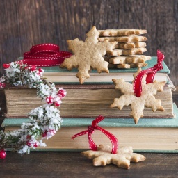 Weihnachtsplätzchen und Dekoration auf einem Stapel Bücher.