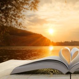 Ein aufgeschlagenes Buch liegt auf einem Steg am See beim Sonnenuntergang.