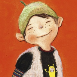 Zeichnung eines Jungen mit Mütze vor rotem Hintergrund