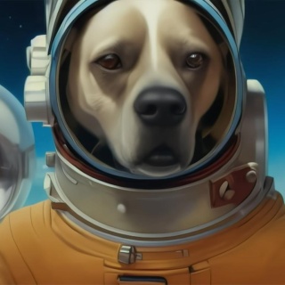Der Filmstill aus "Cosmic Miniatures" zeigt zwei KI-generierte Hunde in Astronautenanzügen.
