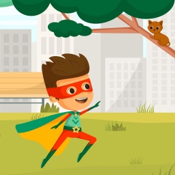Illustration: Ein Superhelden-Junge rettet eine Katze die auf einem Baum festsitzt.