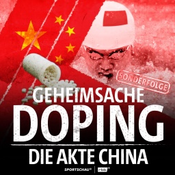Ein chinesischer Schwimmer und eine Pillendose scheinen durch eine chinesische Flagge hindurch.