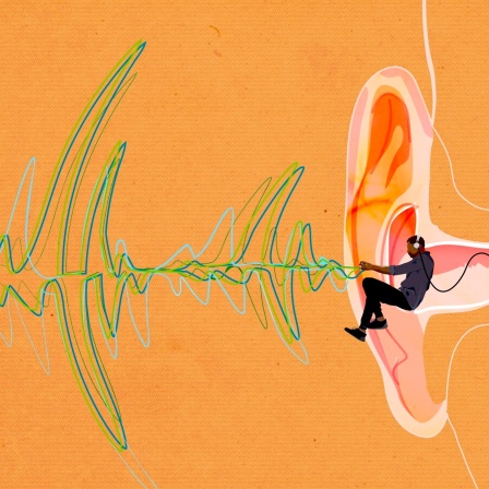 Illustration: Ein Mensch sitzt in einem Ohr und trägt Kopfhörer.