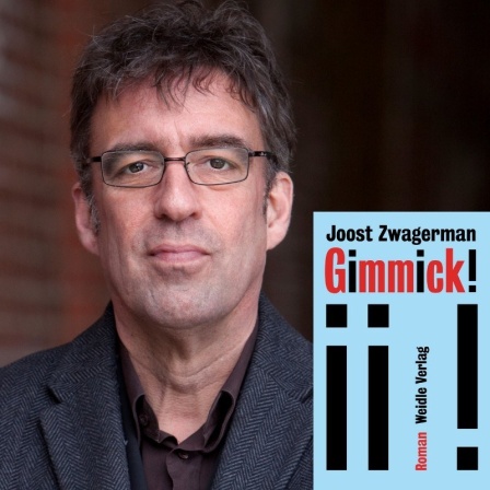Zu sehen ist der Autor Joost Zwagerman und das Cover seines Buches "Gimmick!"