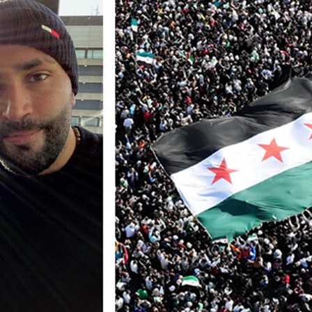 Sulaiman Tadmory / Freudenfest mit syrischer Flagge in Damskus (Collage DLF Nova)