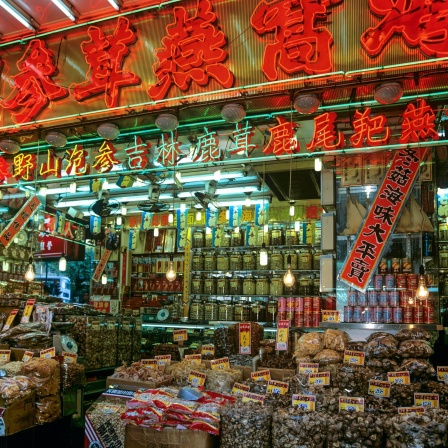 Geschäft für chinesische Medizin auf dem Markt in Kowloon, Hongkong, China
