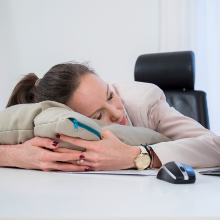 Eine junge Frau schläft in einem Büro am Schreibtisch