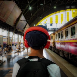 Junge mit Kopfhörern steht auf einem Bahnsteig, im Hintergrund sieht man einen Zug