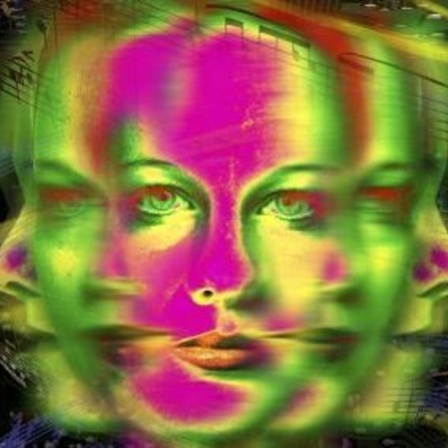 Psychedelische Animation: Ein bunter Frauenkopf mit mehreren Gesichtern, um ihn herum fliegen Musiknoten.