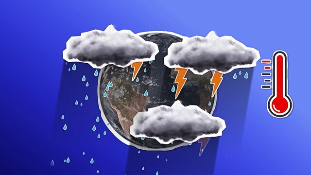 Grafik zeigt Regenwolken vor der Erdkugel, daneben Thermometer, dass Hitze anzeigt.