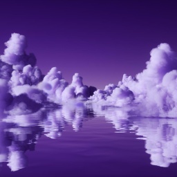 Digital erzeugtes Bild von violetten düsteren Wolken über einer reflektierenden Oberfläche.