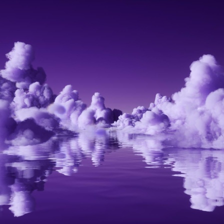 Digital erzeugtes Bild von violetten düsteren Wolken über einer reflektierenden Oberfläche.