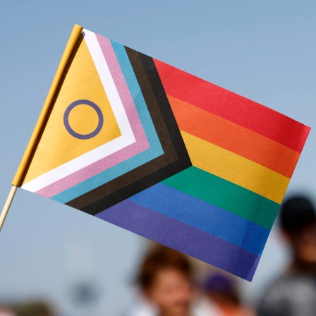 Progress Pride Flag aus Pappe beim Christopher Street Day 2023 in Köln. 