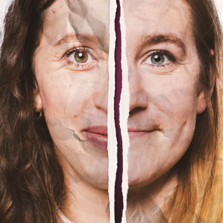 Zwei montierte Gesichtshälften vor zerknittertem Papier-Hintergrund: Miriam und Pauline