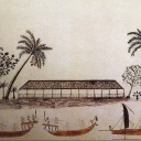schwarz weißes Bild, auf dem das Meer, 3 Schiffe und eine Insel in Polynesien zu sehen sind, gemalt vom Polynesier Tupaia.