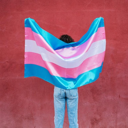 Eine Person hält eine Transgenderflagge.