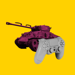 Ein Panzer und eine Spielkonsole vor einem gelben Hintergrund
