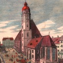 Leipzig Thomaskirche - Ansicht mit der Thomasschule. - Kupferstich von Johann Georg Schreiber, 1735, koloriert.