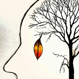 Jedini požuteli list na krošnji drveta se sprema da otpadne, krošnja je unutar ljudske glave
