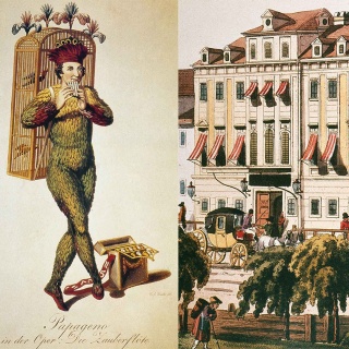 Collage:  Zeichnung von Papageno, Theater in Wien (Bild: imago images/GRANGER)