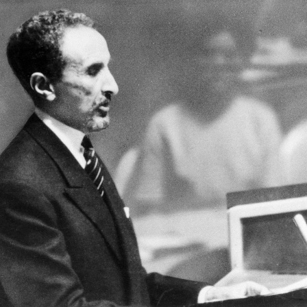 Der äthiopische Kaiser Haile Selassie I. in New York bei seiner Rede vor der Generalversammlung der Vereinten Nationen.
