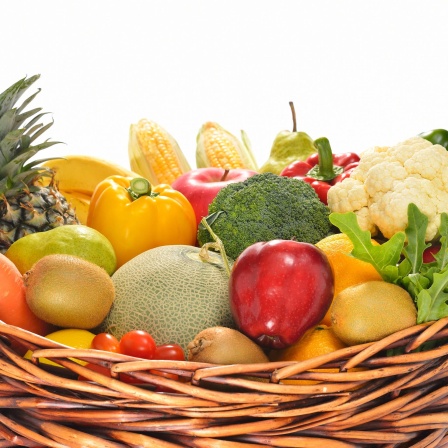 Weidenkorb, gefüllt mit Obst und Gemüse: Die Kost sollte aus sehr viel Gemüse und Obst bestehen. Die Aktion &#034;5 a Day&#034;, also fünf Portionen Obst und Gemüse am Tag, ist da sehr wichtig.