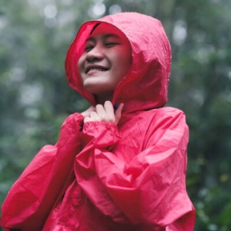 Eine junge Frau läuft in einer roten Regenjacke durch einen Wald und lächelt.