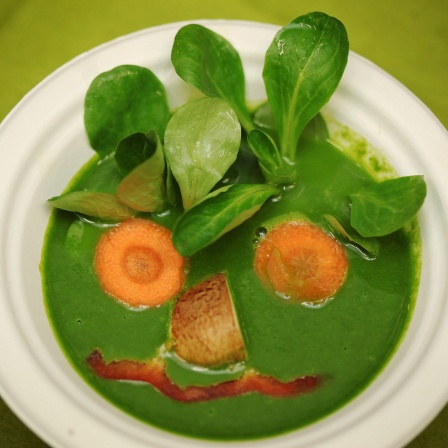 Grüne Gemüsesuppe mit einem Smiley-Gesicht aus Karotte und Apfel.