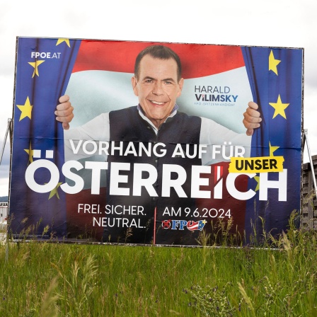Ein Wahlplakat steht auf einer Wiese. Es zeigt Harald Vilimsky, der einen Vorhang mit dem EU-Emblem öffnet. 