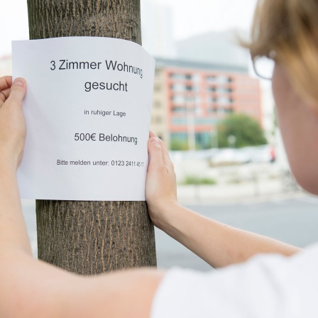 Eine Frau klebt einen Zettel mit einer Suchanzeige für eine Wohnung an einen Baumstamm in Berlin © dpa/Inga Kjer