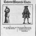 Zeitgenössische Zeichnung einer Frau und eines Mannes mit Beschriftung
