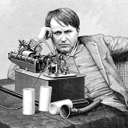Zeichnung zeigt Thomas Alva Edison während er ein englisches phonogram anhört