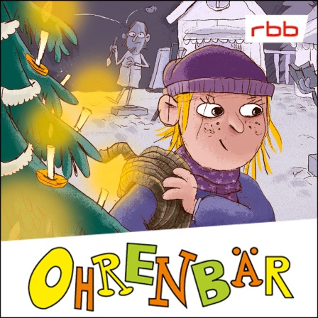 Bunte Zeichnung: ein weihnachtlicher Marktplatz, eine Frau mit fliederfarbener Mütze und Schal, dahinter graue Denkmale (Quelle: rbb/OHRENBÄR/Nikolai Renger)