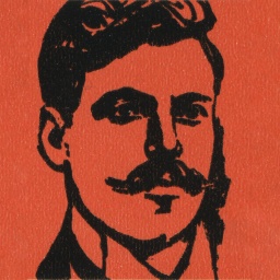 Schwarze Scherenschnitt-Illustration von Goce Delchev auf einer bulgarischen Briefmarke aus den 1970er Jahren. Der Hintergrund ist rot.
