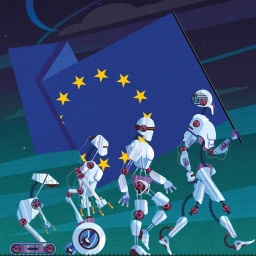 Illustration zeigt vier Roboter in ihrer Evolution. Dabei tragen sie die Flagge der Europäischen Union.