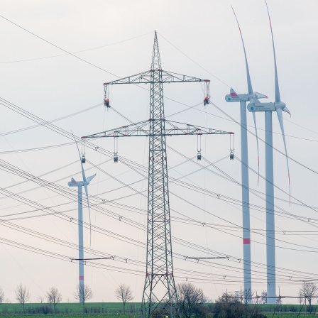 Techniker hängen in Sitzen am Mast einer Stromtrasse und arbeiten an den Leitungen.