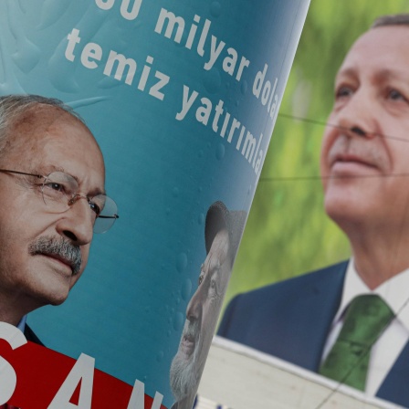 May 11, 2023, Ankara, Turkey: Campaign posters of the 13th Presidential candidate and Republican People s Party (CHP) Chairman Kemal K?l?cdaro?lu (L) and the President of the Republic of Turkey and Justice Development Party (AKP) President Recep Tayyip Erdo?an (R) are seen displayed. K?z?lay Square and streets are decorated with posters of two main candidates for the presidential and parliamentary elections, Recep Tayyip Erdogan and Kemal Kilicdaroglu. The Turkish general election will be held on May 14. Ankara Turkey