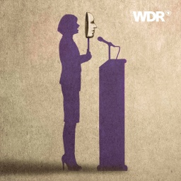 Illustration: Eine Frau steht an einem Redepult und hält eine Maske vor ihr Gesicht.