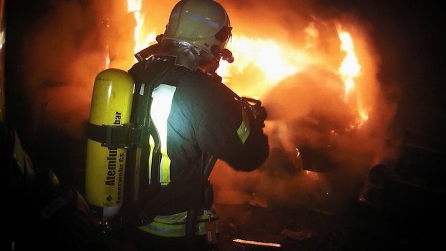 Ein Feuerwehrmann, den man von hinten sieht, geht mit seinem Löschwerkzeug in ein Flammenmeer.