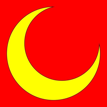 Die Grafik zeigt einen roten Mond auf einem gelben Rechteck.