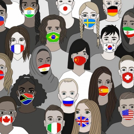 Illustration einer Menschenmenge, von der jeder einen Mund-Nasenschutz mit dem Motiv einer anderen Staatsflagge trägt.