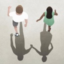 Illustration: Ein Paar - deren Schatten hält sich an den Händen, sie selbst gehen getrennt