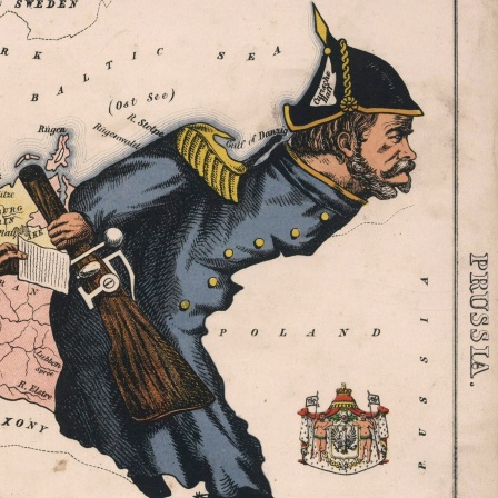 Landkarte, die Umrisse von Preussen gestaltet als Karikatur Wilhelms I. und Bismarcks in Anspielung auf Bismarcks Einfluss auf Wilhelm.